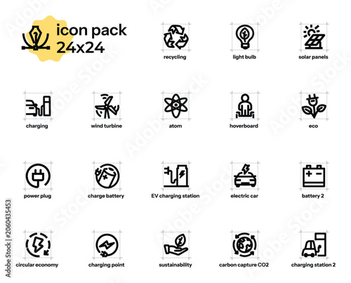 Set of minimalist outline vector icons on renewable energy. 24x24, editable outline.