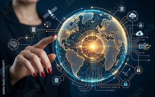 Businesswoman Interacting With A Glowing Digital Globe Representing Global Technology Network