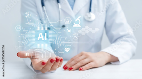 Female doctor holding a holographic artificial intelligence interface for modern medical healthcare