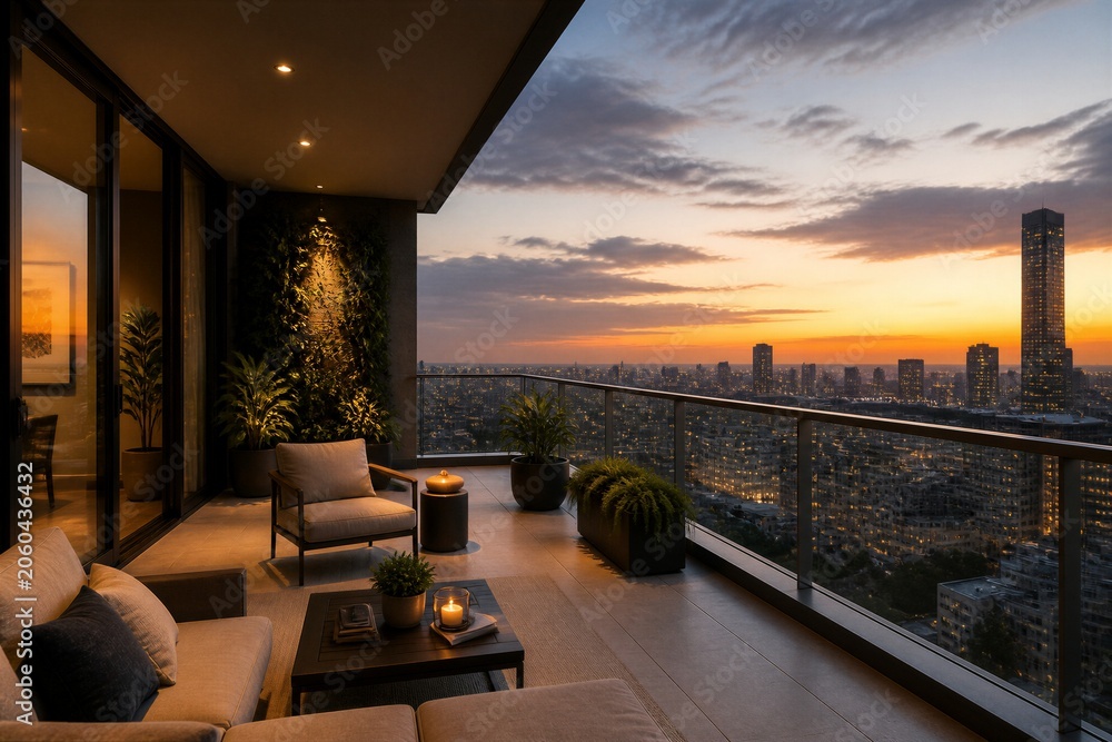 Obraz premium Apartment balcony seating area overlooking city skyline at sunset
