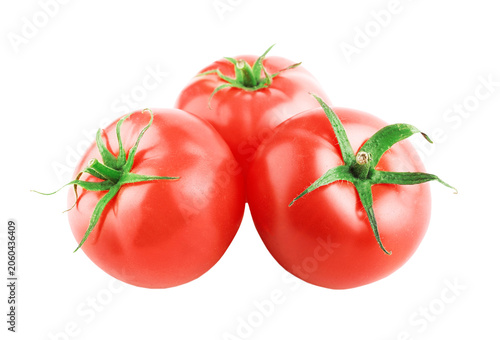 Konstfotografi Three fresh ripe red tomatoes with green stems isolated on a transparent background