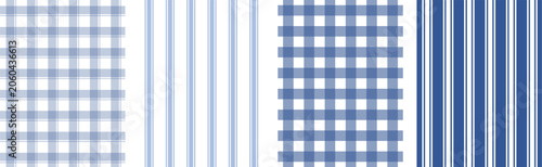 Gingham and stripe seamless pattern set in blue and white tones. Classic checkered vector textures for fabric and home decor. Perfect for textile, wallpaper, and packaging design projects.

