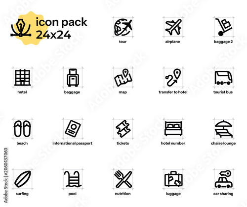 Set of minimalist outline vector icons on the theme of travel tours, vacations, and hotel options. 24x24, editable outlines