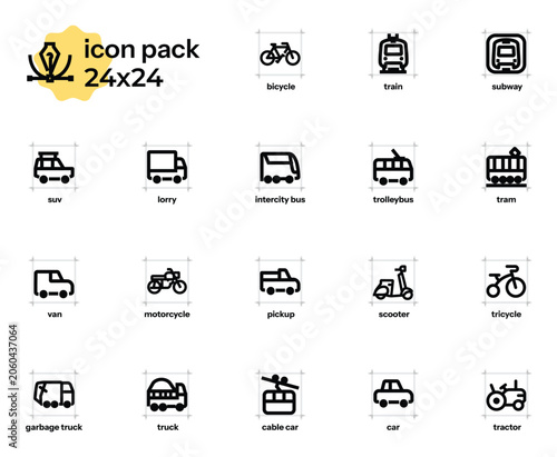 set of minimalist outline icons featuring various modes of urban transportation, such as buses, trains, trams, and cars. 24x24 pixels, editable vector outlines.