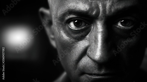 Close up portrait of a man intense gaze dramatic black and white lighting