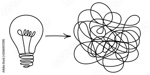 A simple hand drawn sketch of a light bulb transforming into a messy tangled scribble representing complex thoughts and problem solving concepts Vector, illustration