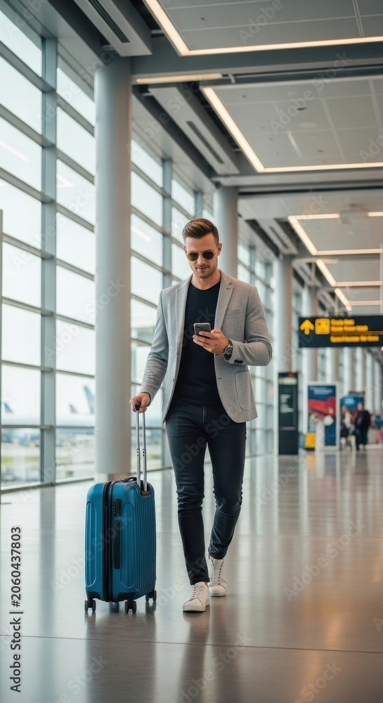 Fototapeta premium Man walking through modern terminal holding phone and pulling luggage. Bright interior with large windows.