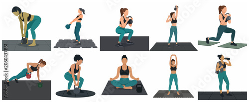 Photos Vector Illustration Set of a Woman Performing Kettlebell Workouts, Stretching, a