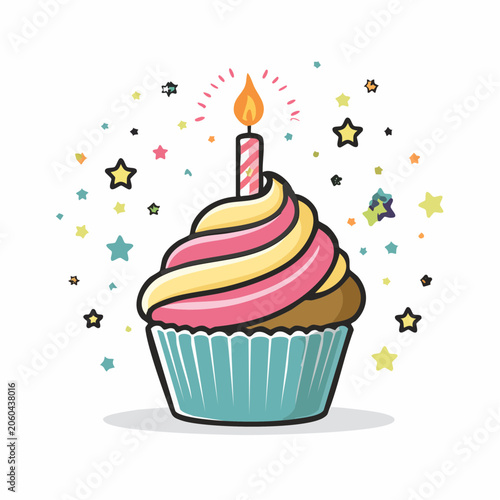 Birthday Cupcake with Candle and Confetti Stars