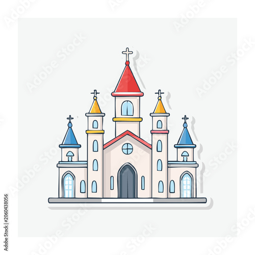 Cartoon illustration of a church with towers and crosses
