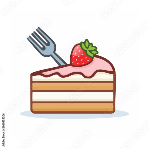 Flat design illustration of cake slice with strawberry and fork