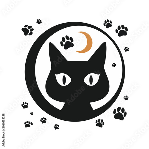 Minimalist black cat face icon with paw prints and moon