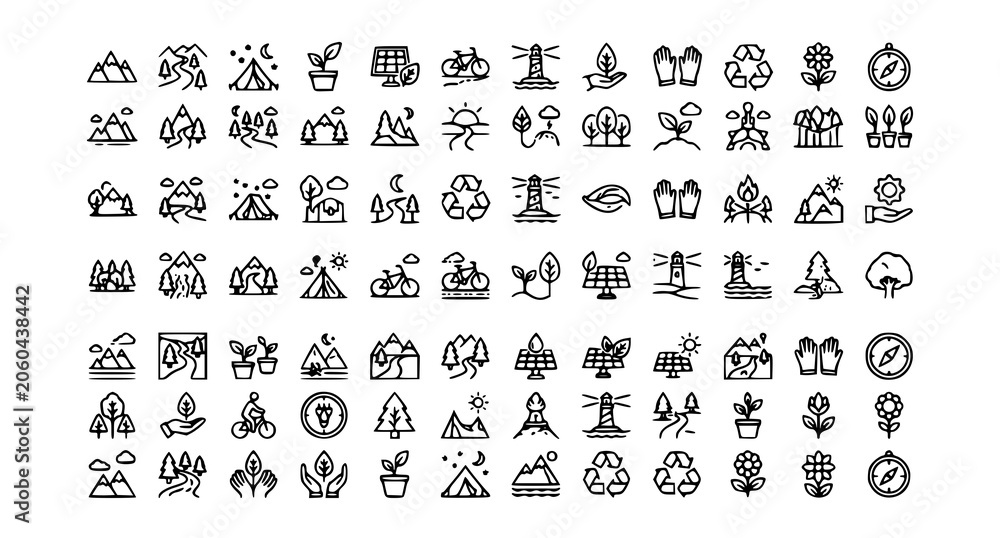 Fototapeta premium Editable Landscape Line Icon Set Featuring Natural Scenery Elements