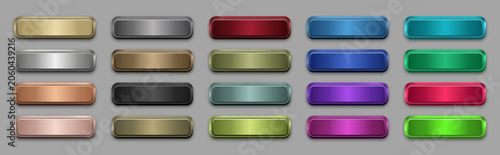Metallic rectangular web buttons set with glossy colorful gradients, Editable AI file