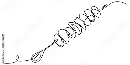 Fotografie Continuous single line drawing of a delicious meat kebab skewer with grilled foo