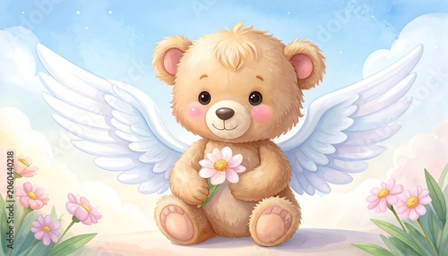 Cute teddy bear angel with flowers