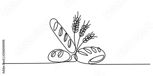 Canvastavla Continuous single line drawing of fresh bread loaves and wheat ears together Vec