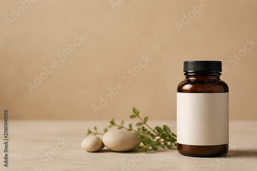 A small brown bottle of supplement sits on a wooden surface next to some small white pebbles and green leaves against a plain beige background.