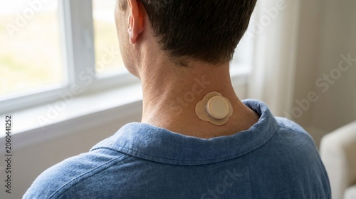 A person with a medical device affixed to the back of their neck, in front of a window, highlighting health technology and personal care.