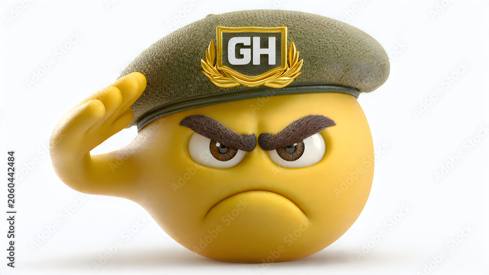 Fototapeta premium Angry yellow emoji character wearing a green military beret saluting smartly