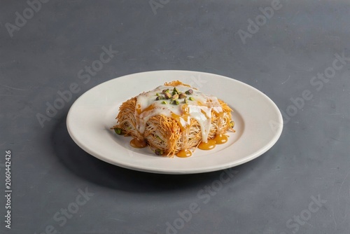 Kunefe on white plate topped with creamy cheese syrup and sprinkled with green pistachios. Concept of indulgent dessert, combining textures of shredded pastry with cheese syrup pistachio.