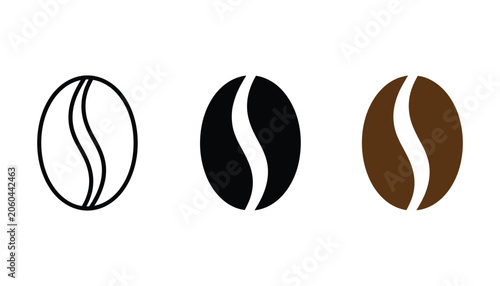 Obraz na plátně Set of three coffee bean icons in outline solid and colored flat design styles f