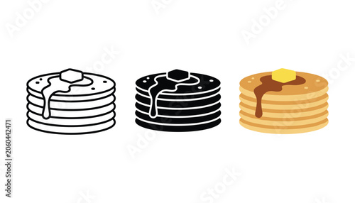 Photography Stack of pancakes with syrup and butter icon set featuring line art solid black