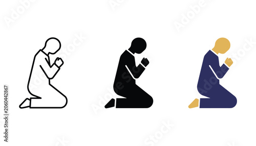 Photos Kneeling person in prayer icon set featuring human silhouette in outline black a