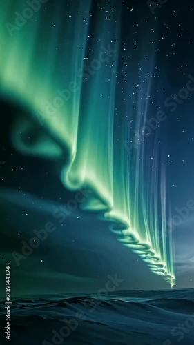 Vibrant green aurora borealis waves dance over dark ocean under starry night sky in dramatic natural light display