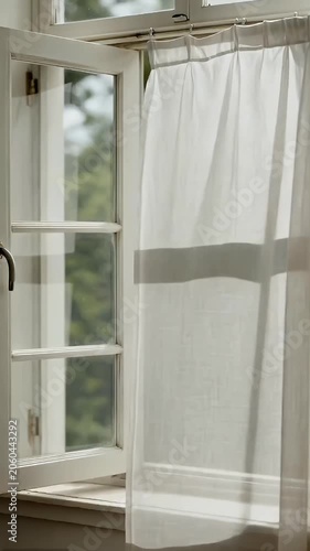 White sheer curtain hangs beside open window with green trees visible outside in bright daylight