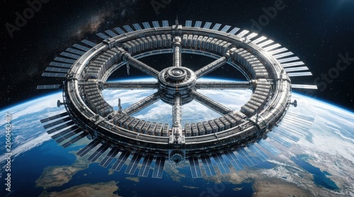 Giant circular space station orbiting Earth. Massive futuristic ring structure in space. Advanced orbital habitat with solar panels. Science fiction concept of interplanetary outpost.