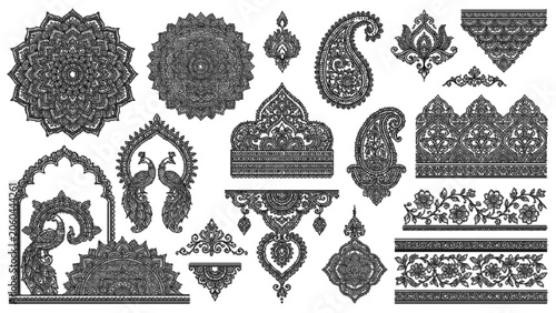 Intricate traditional mehndi henna design for Indian weddings and celebrations. Elegant floral, Paisley, and detailed geometric patterns. Premium vector art