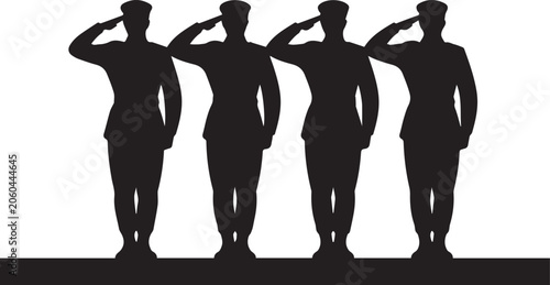 Four soldiers saluting in unison isolated on white background