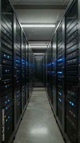 Aisles of server racks with blinking blue lights in a modern data center hallway leading to an elevator door at the far end.