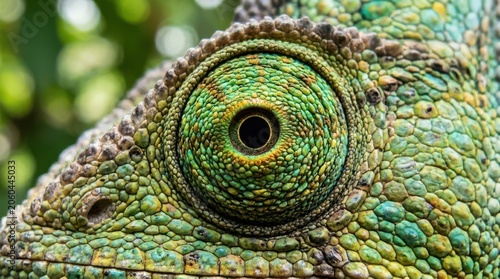Chameleon eye with intricate scales in natural green jungle lighting macro detail symbolizing adaptation and change