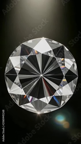 A brilliant round cut diamond gemstone isolated on a dark background with light reflections and colorful sparkles visible in its facets.