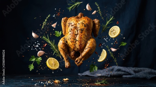 Golden roasted chicken suspended mid-air with herbs garlic and lemon slices during a dramatic studio lighting