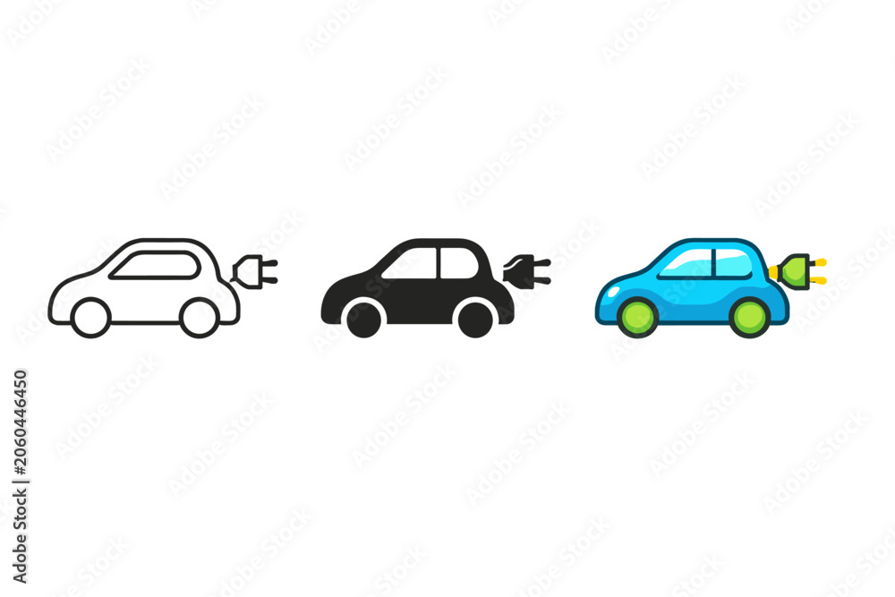 Naklejka premium Electric Car Evolution. Energy transition shown through an electric car with charging plug symbol, same geometry displayed side by