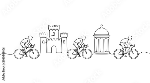 Continuous Line Drawing of Cyclists and Architectural Landmarks
