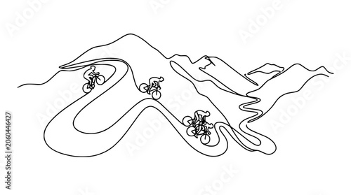 Continuous line drawing of cyclists on a winding mountain road, scenic landscape, adventure