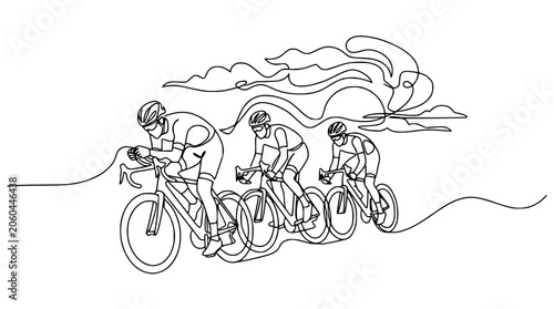 Continuous line drawing of cyclists racing against a stylized sky