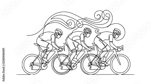 Continuous line drawing of cyclists in a race, dynamic movement, abstract wind swirls