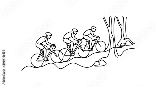 Continuous line drawing of cyclists on a winding road through trees