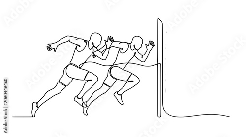 Continuous line drawing of runners crossing the finish line, motion blur effect, sports concept