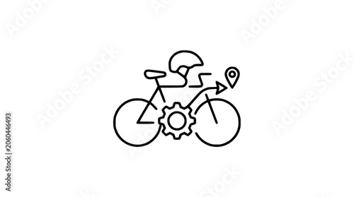 Cycling route planning icon: bicycle, helmet, gear, and location pin