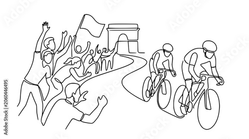 Cycling Race Crowd Cheers Arc de Triomphe Paris One Line Drawing