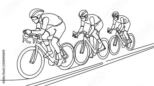 Cyclists race uphill in a single line drawing