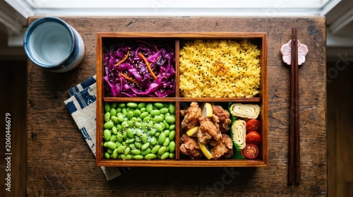 Japanese bento box with edamame fried chicken and pickled cabbage in warm natural light on rustic wood