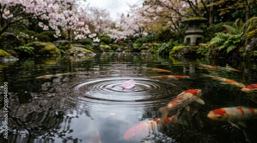 Koi fish swim in a tranquil Japanese garden pond with cherry blossoms and a stone lantern during spring