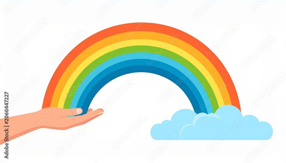 Naklejka premium Hand Gently Holding a Vibrant Rainbow Like a Silk Ribbon Against a Backdrop of Soft Clouds